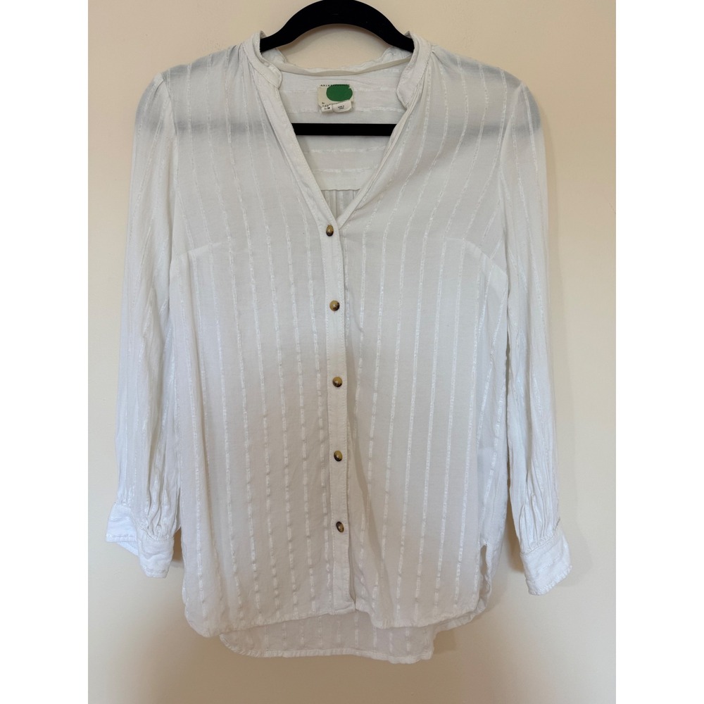 Anthropologie White Dobby Stripe Button Down Long Sleeve V-Neck Top Size 6